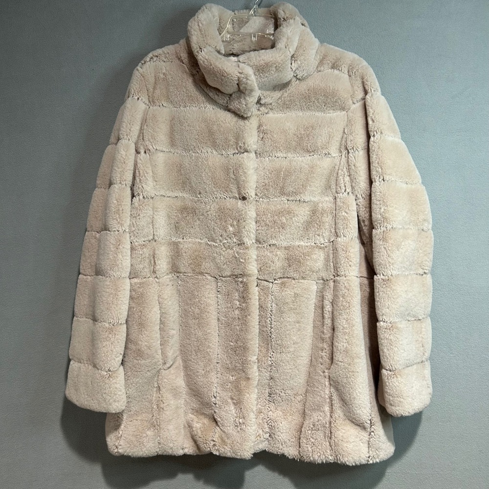 Kristen Blake Faux Fur‎ Coat Women Large Beige Quilted Plush Jacket Snap Front